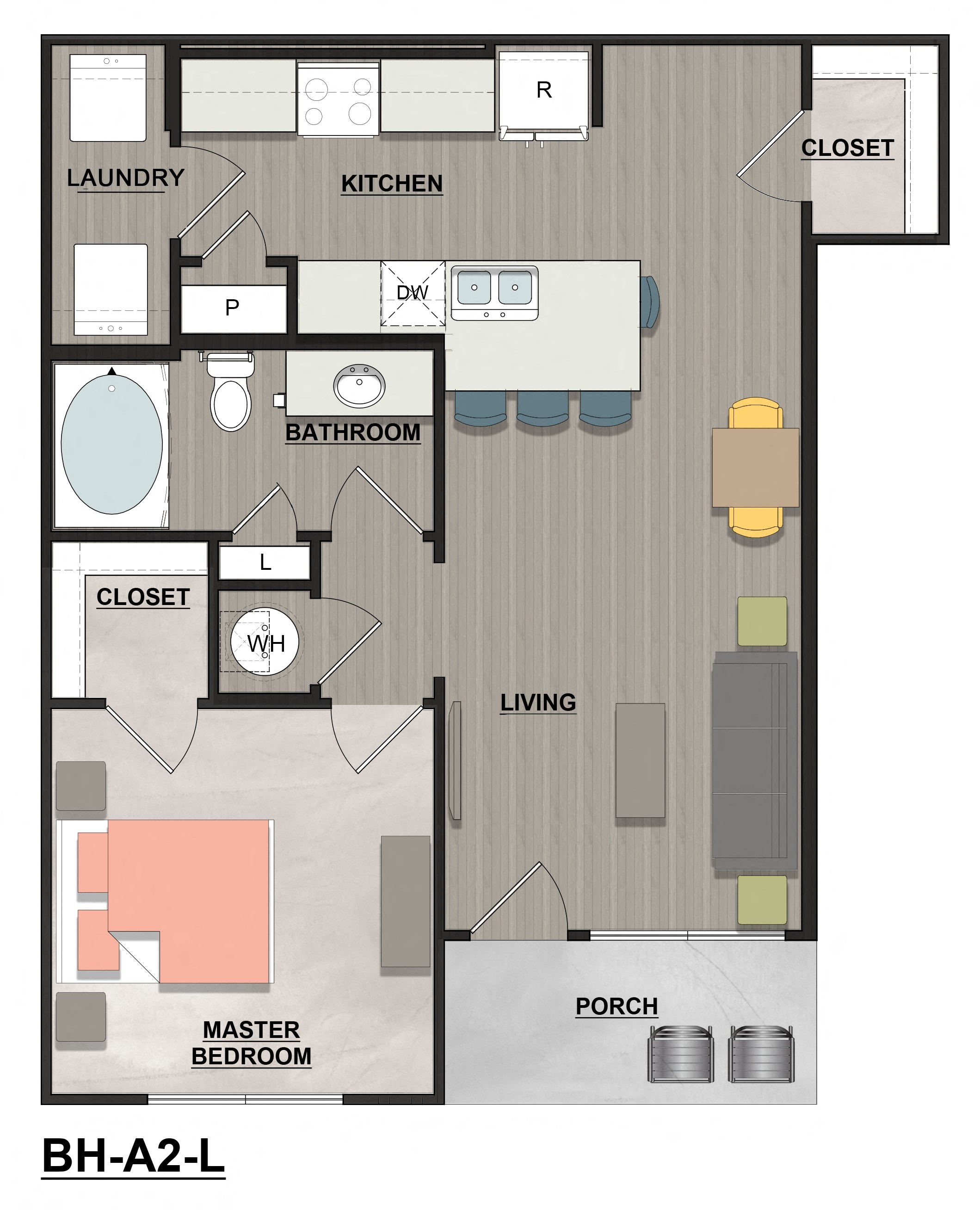 Floor plan for 1 bed, 1 bath, 746 sqft