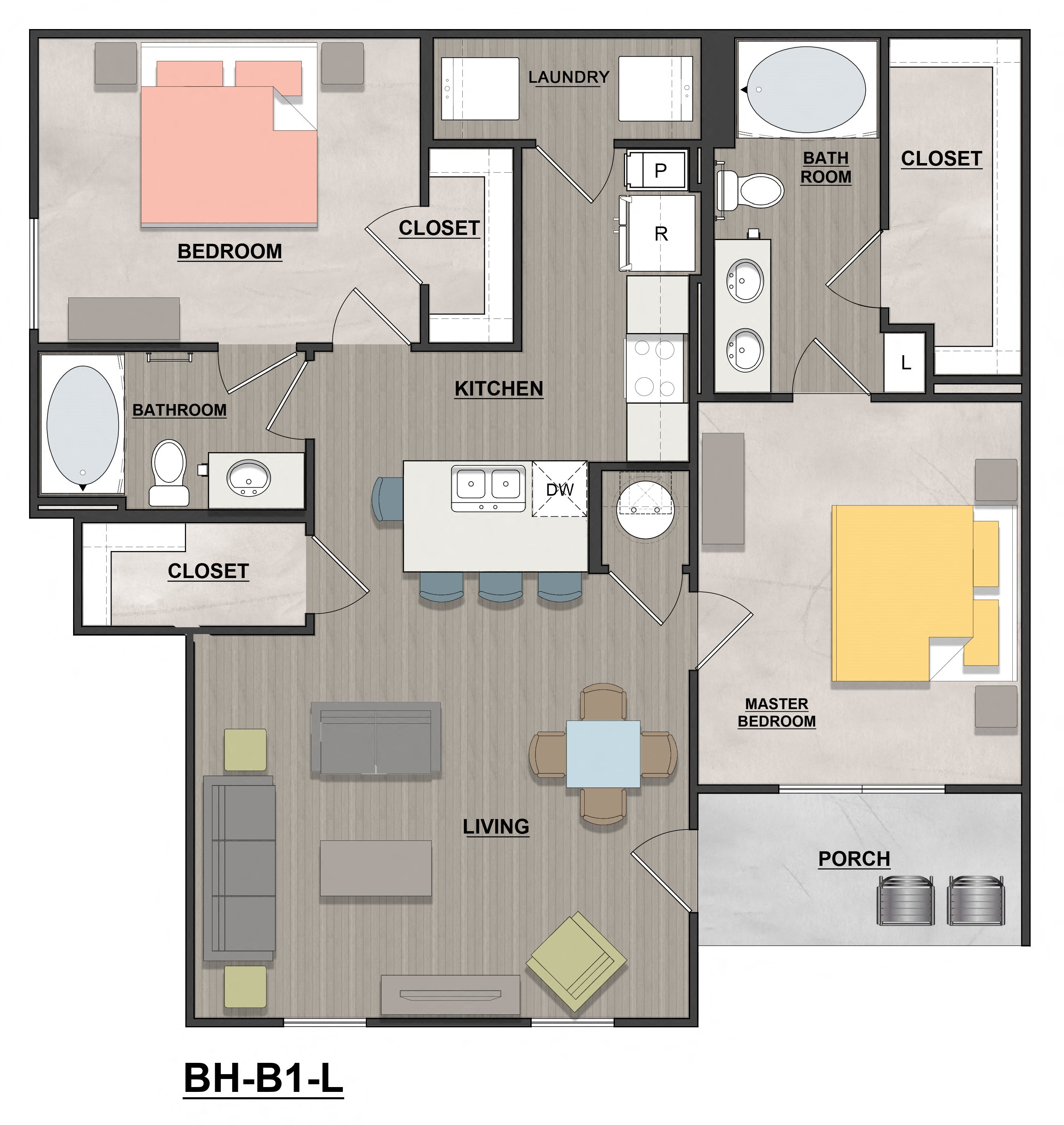 Floor plan for 2 beds, 2 baths, 1115 sqft