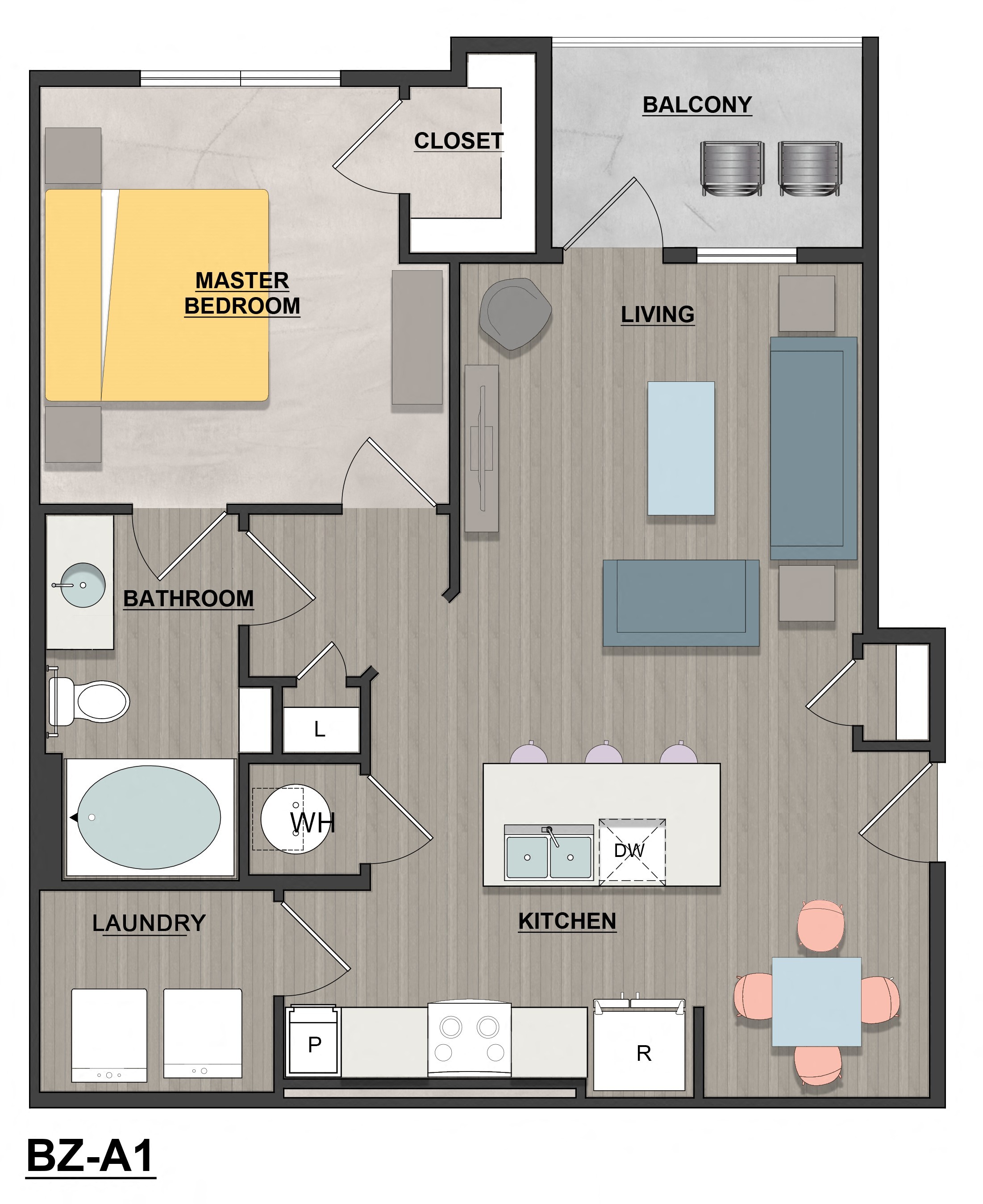 Floor plan for 1 bed, 1 bath, 765 sqft