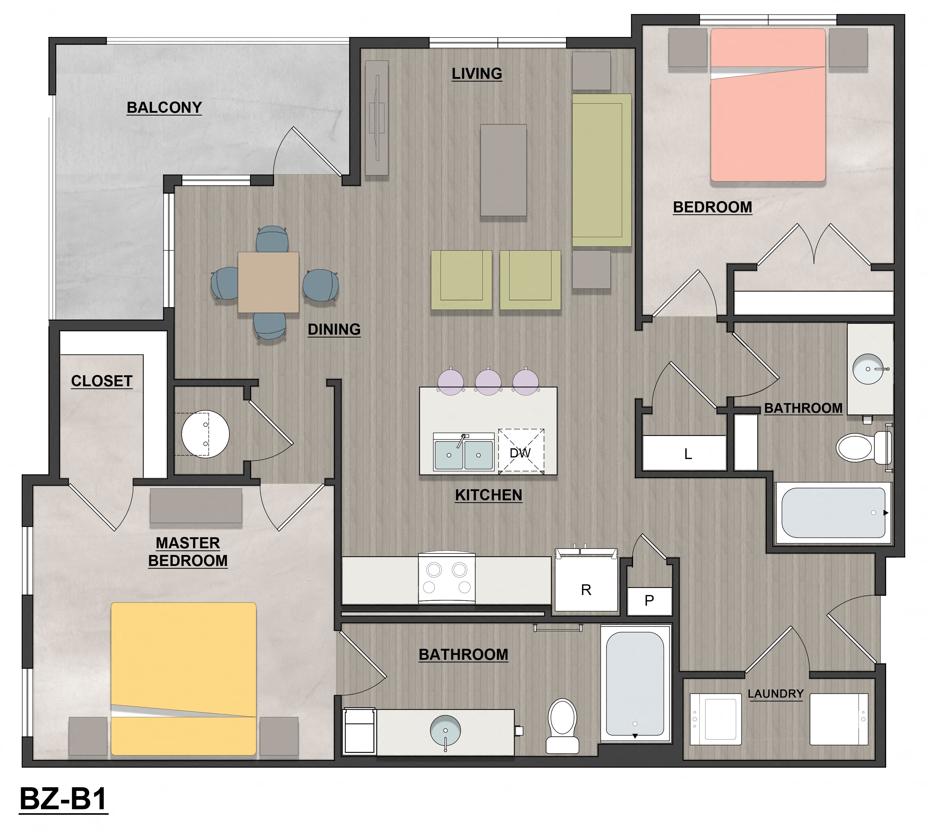 Floor plan for 2 beds, 2 baths, 1106 sqft