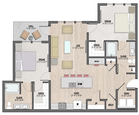 Floor plan for 2 beds, 2 baths, 1136 sqft