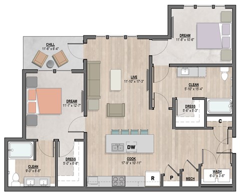 Floor plan for 2 beds, 2 baths, 1136 sqft