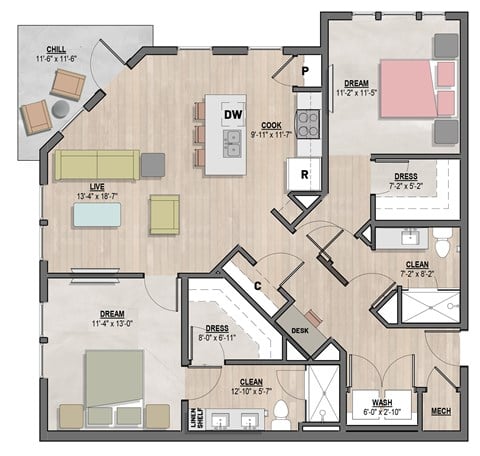 Floor plan for 2 beds, 2 baths, 1122 sqft
