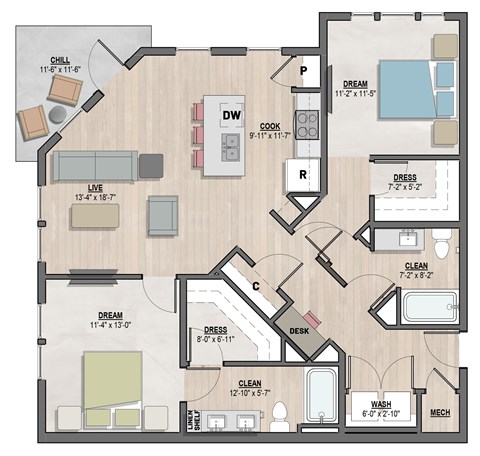 Floor plan for 2 beds, 2 baths, 1122 sqft