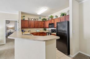 Ormond Beach apartment for rent - A kitchen with a refrigerator, microwave, and a counter with a sink.