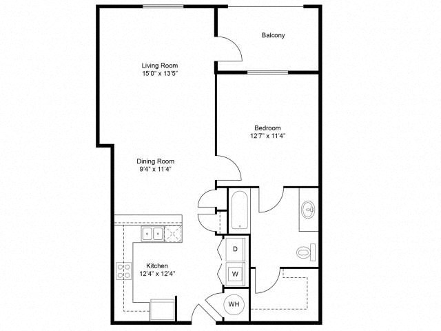 Floor plan for 1 bed, 1 bath, 770 sqft
