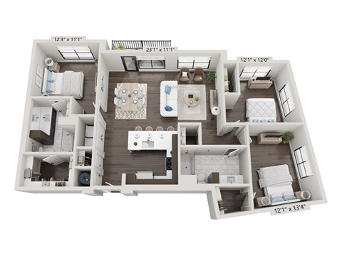 Floor plan for 3 beds, 2 baths, 1480 sqft
