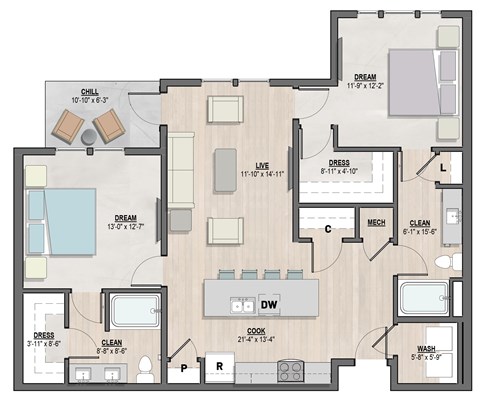 Floor plan for 2 beds, 2 baths, 1141 sqft