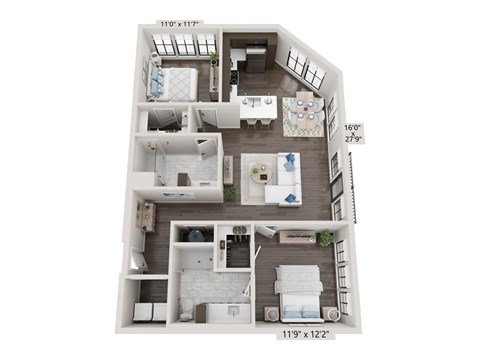 Floor plan for 2 beds, 2 baths, 1244 sqft