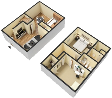 Floor plan for 2 beds, 1.5 baths, 965 sqft