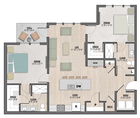 Floor plan for 2 beds, 2 baths, 1150 sqft