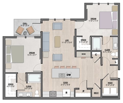 Floor plan for 2 beds, 2 baths, 1150 sqft