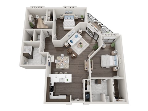Floor plan for 2 beds, 2 baths, 1482 sqft