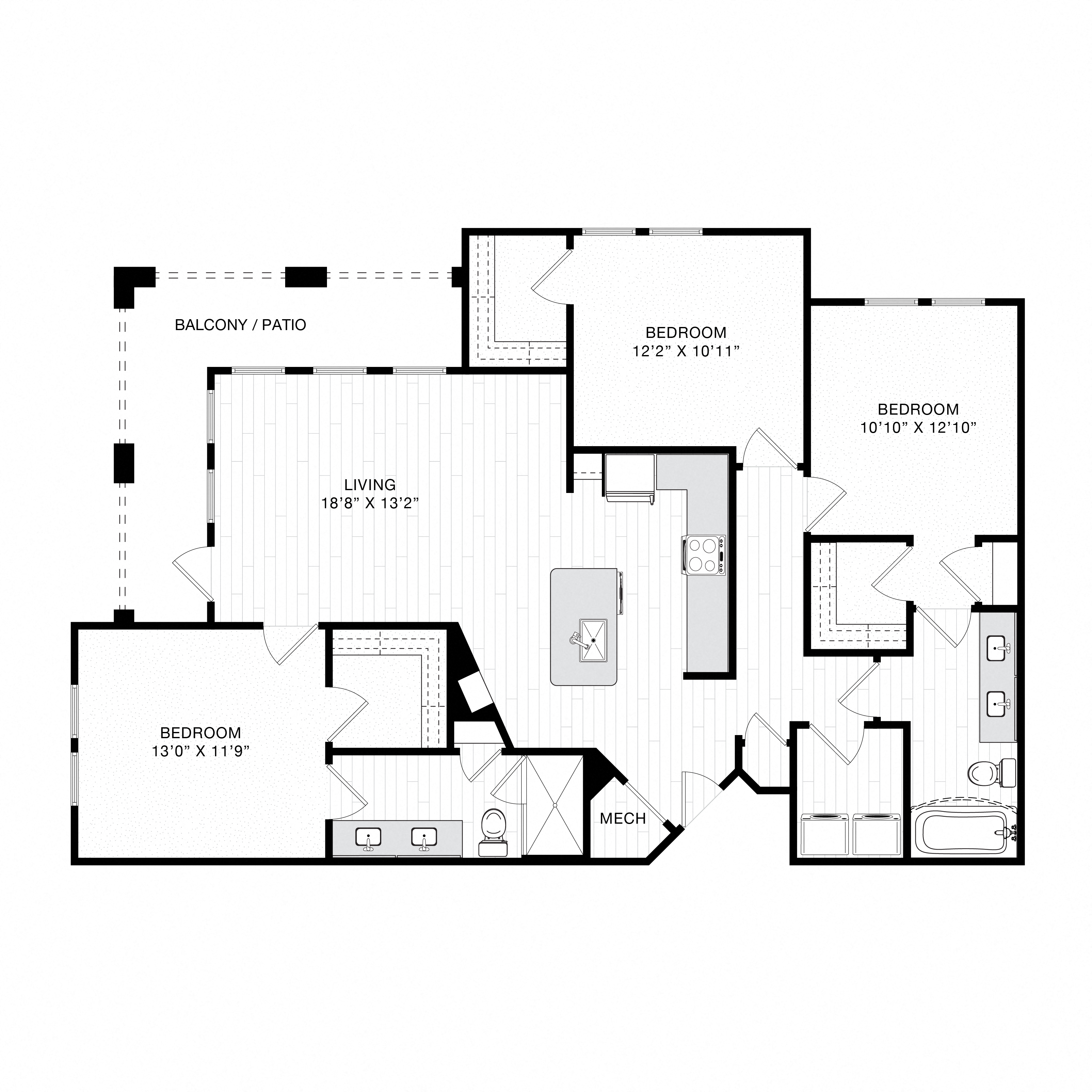 Floor plan for 3 beds, 2 baths, 1412 sqft