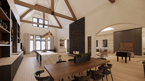 Charlotte apartment for rent - A modern dining room with a wooden table and chairs.