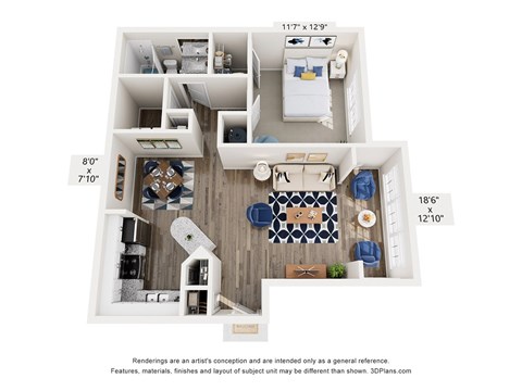 Floor plan for 1 bed, 1 bath, 933 sqft