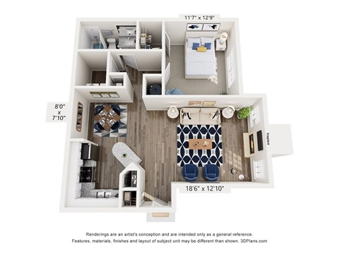 Floor plan for 1 bed, 1 bath, 933 sqft