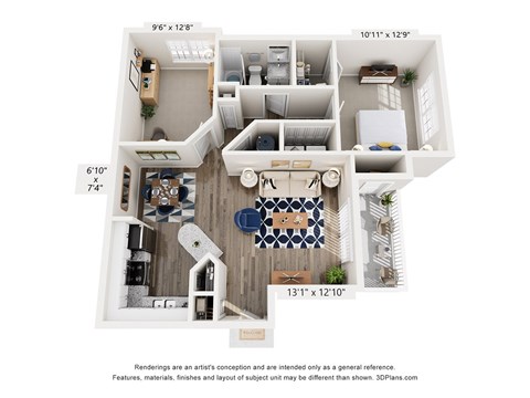 Floor plan for 1 bed, 1 bath, 950 sqft