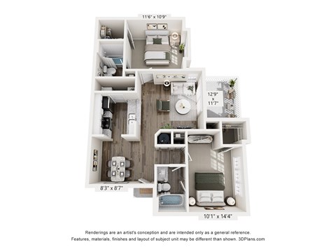 Floor plan for 2 beds, 2 baths, 1157 sqft