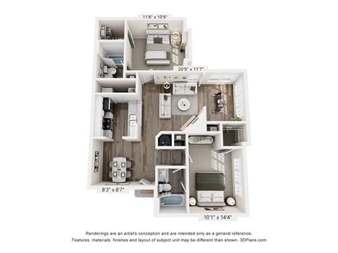 Floor plan for 2 beds, 2 baths, 1247 sqft