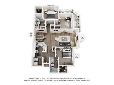 Floor plan for 3 beds, 2 baths, 1377 sqft