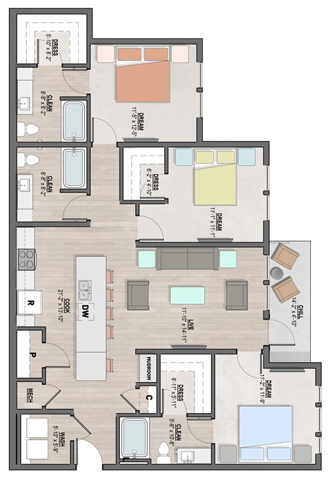 Floor plan for 3 beds, 2 baths, 1414 sqft