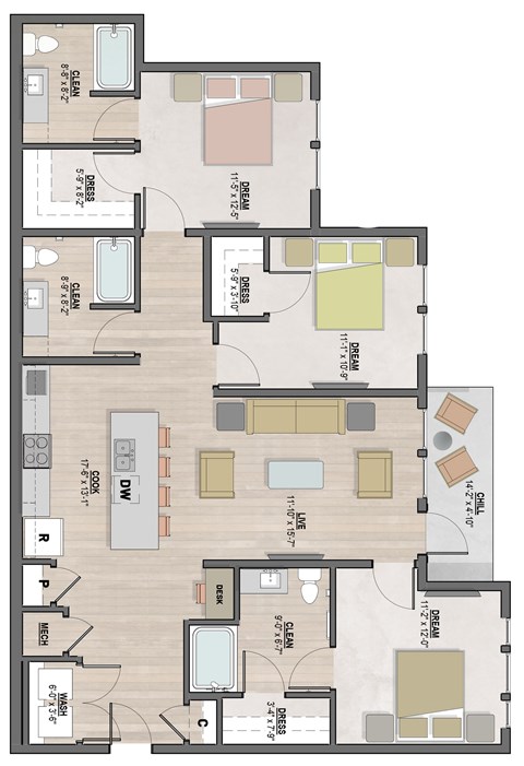 Floor plan for 3 beds, 2 baths, 1414 sqft