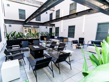Courtyard with gathering spaces and fire pit