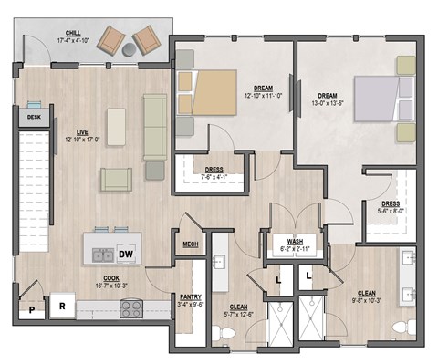 Floor plan for 2 beds, 2 baths, 1453 sqft