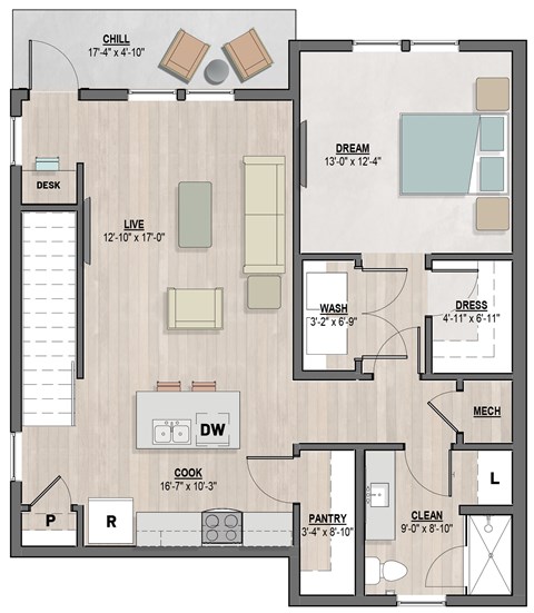 Floor plan for 1 bed, 1 bath, 1002 sqft