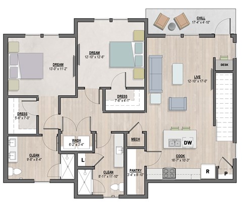 Floor plan for 2 beds, 2 baths, 1383 sqft