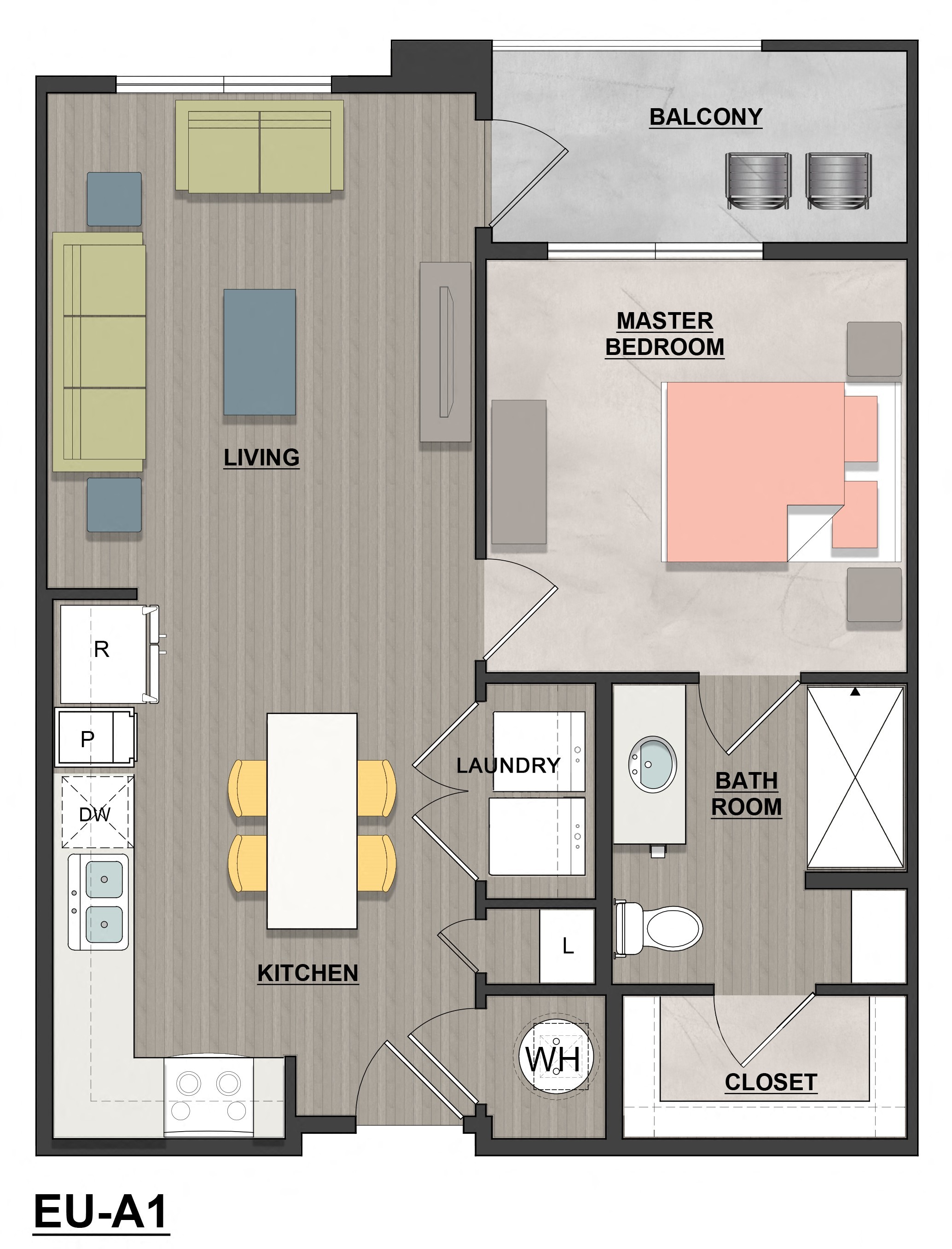 Floor plan for 1 bed, 1 bath, 680 sqft