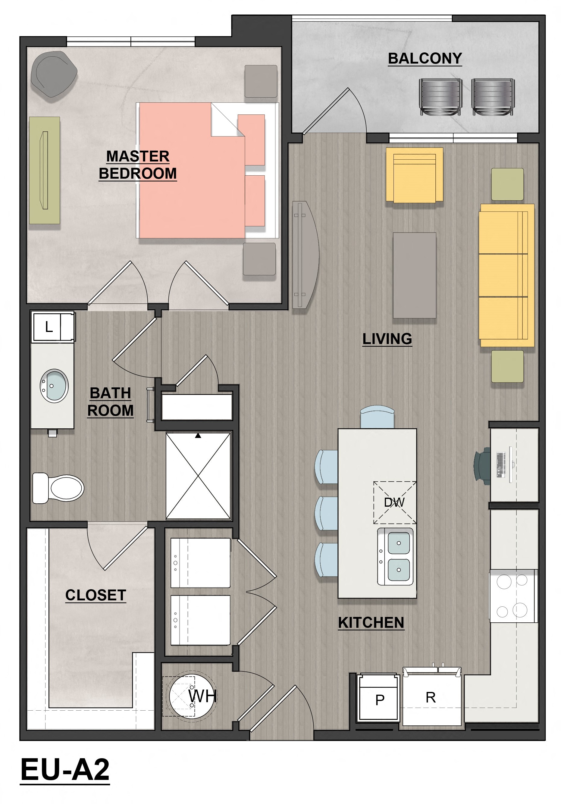 Floor plan for 1 bed, 1 bath, 754 sqft