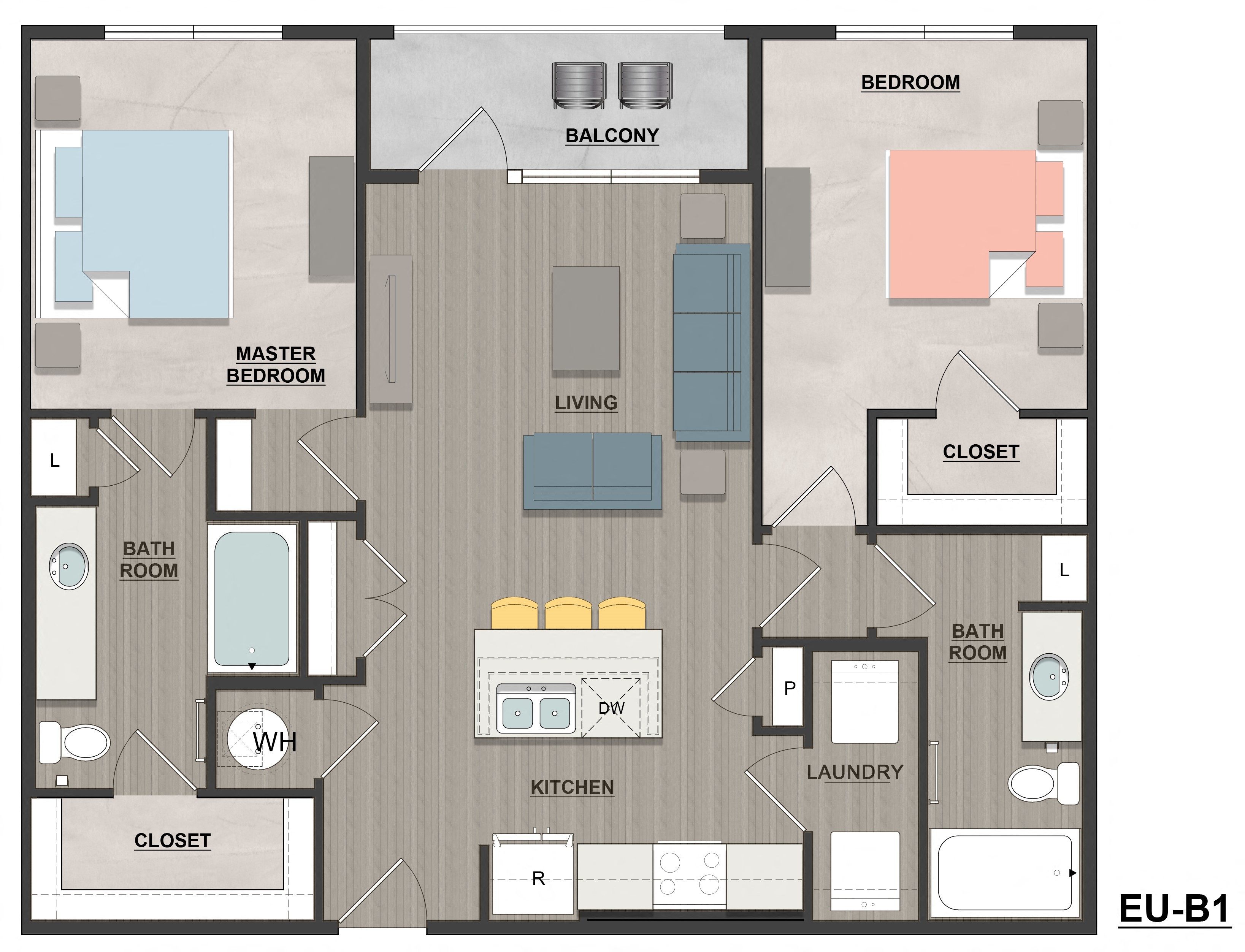Floor plan for 2 beds, 2 baths, 1050 sqft