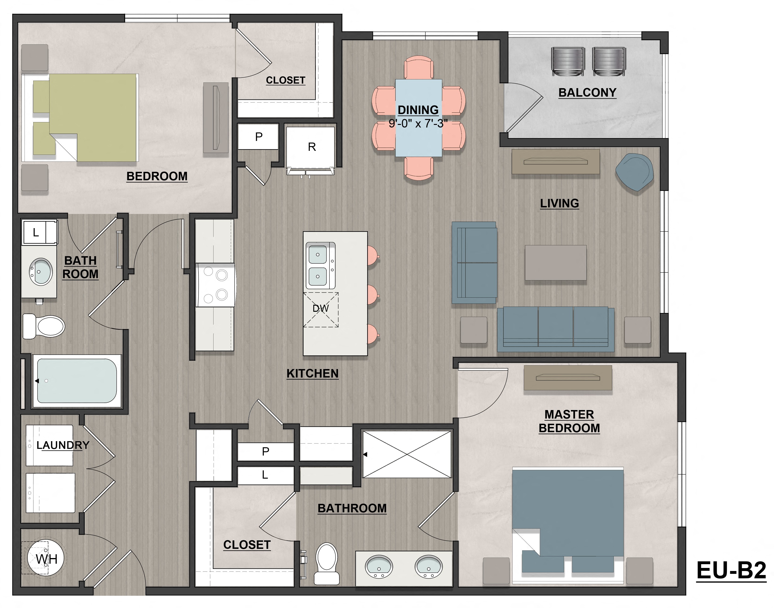 Floor plan for 2 beds, 2 baths, 1175 sqft