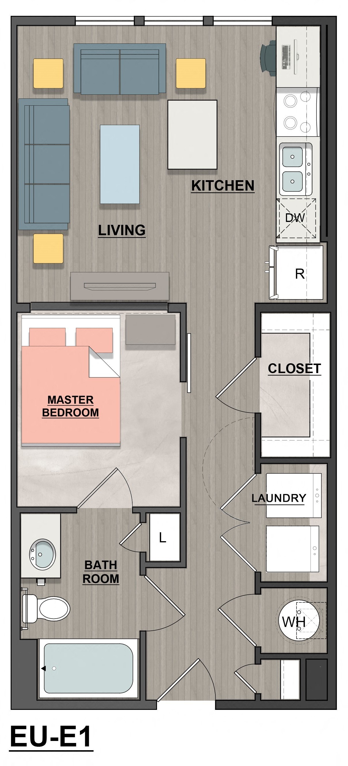 Floor plan for 1 bed, 1 bath, 580 sqft