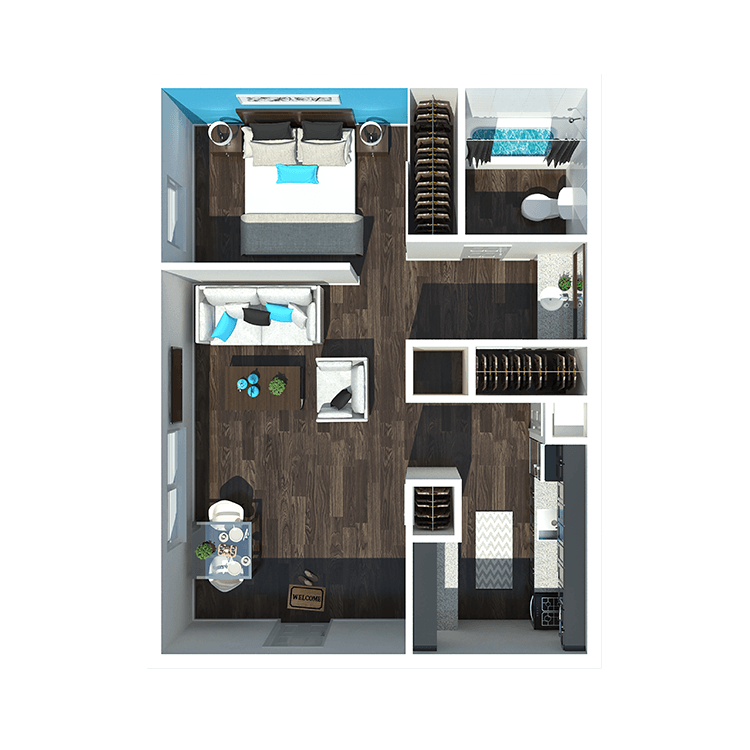 Floor plan for studio, 1 bath, 500 sqft