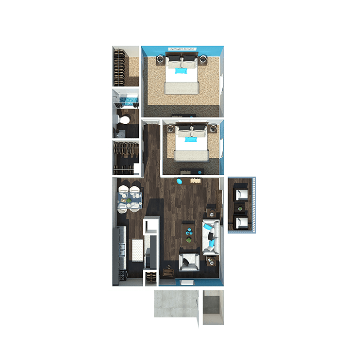 Floor plan for 2 beds, 1 bath, 885 sqft