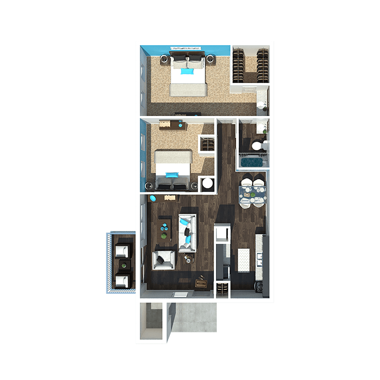 Floor plan for 2 beds, 1 bath, 885 sqft