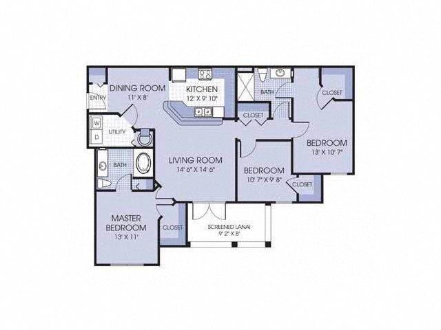 Floor plan for 3 beds, 2 baths, 1315 sqft