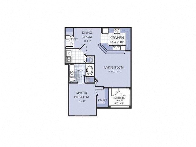 Floor plan for 1 bed, 1 bath, 835 sqft