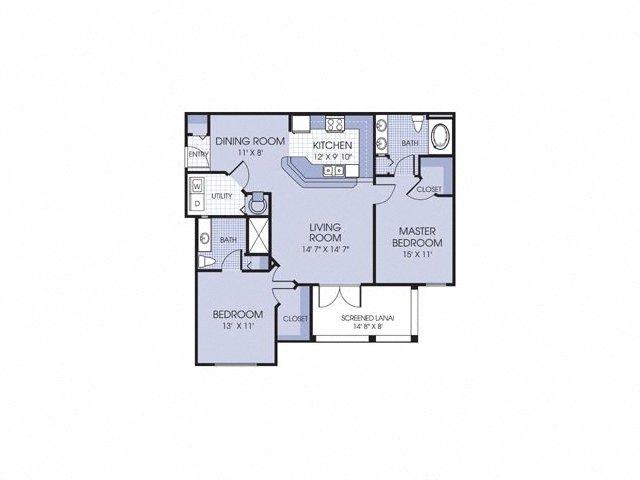Floor plan for 2 beds, 2 baths, 1105 sqft