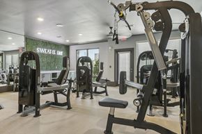 Apollo Beach apartment for rent - a gym with weights and cardio equipment and a sign on the wall