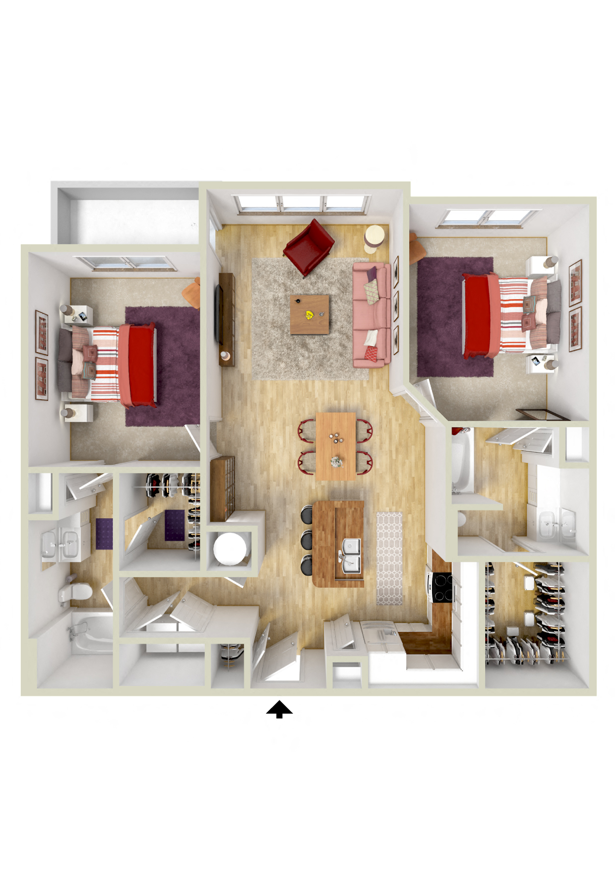 Floor plan for 2 beds, 2 baths, 1233 sqft
