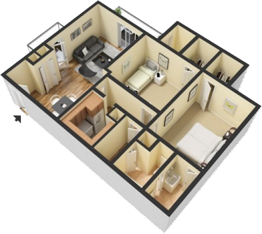 Floor plan for 2 beds, 1.5 baths, 970 sqft