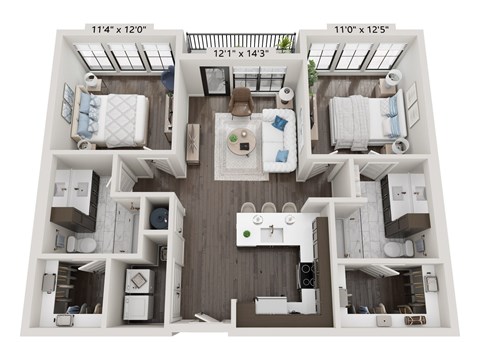 Floor plan for 2 beds, 2 baths, 1080 sqft
