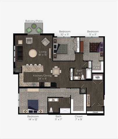 Floor plan for 3 beds, 2 baths, 1610 sqft