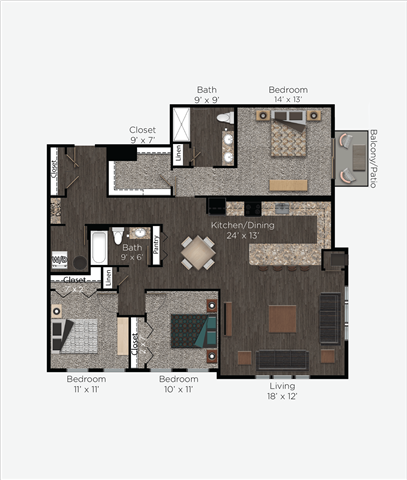 Floor plan for 3 beds, 2 baths, 1558 sqft