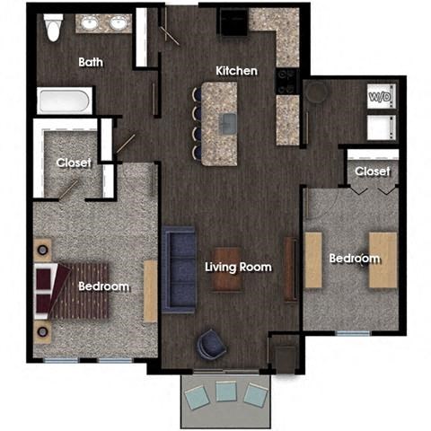 Floor plan for 2 beds, 1 bath, 1008 sqft