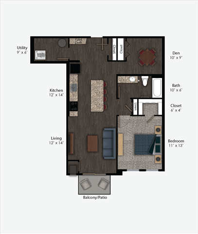 Floor plan for 1 bed, 1 bath, 897 sqft